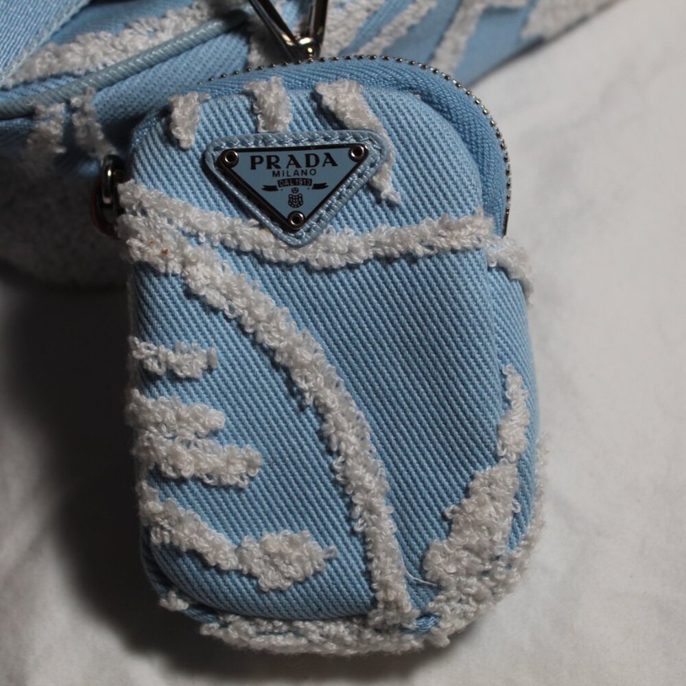 Prada Re-Edition 2005 Embroidered Drill Shoulder Bag wPouch Blue White Crossbody - Picture 8 of 16